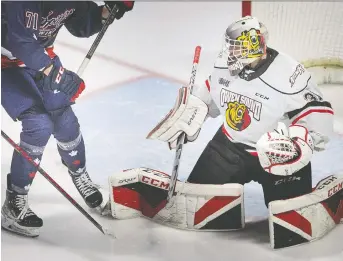  ?? DAX MELMER ?? Tecumseh's Nick Chenard got the start Thursday for the Owen Sound Attack at the WFCU Centre.