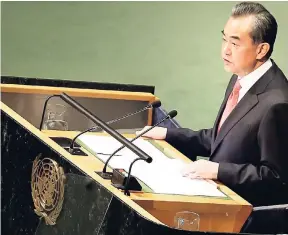  ??  ?? China’s Foreign Minister Wang Yi addresses the 73rd session of the United Nations General Assembly, at UN headquarte­rs on Friday, September 28.