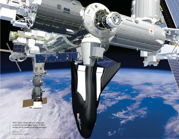  ?? Images courtesy of NASA ?? SNC’s Dream Chaser will soon bring cargo to the Internatio­nal Space Station. A future version will be capable of carrying passengers
BELOW