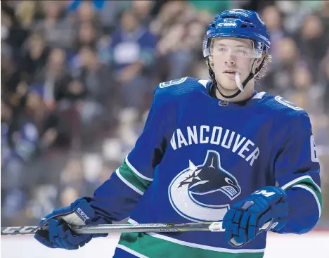  ?? DARRYL DYCK/THE CANADIAN PRESS ?? Vancouver Canucks right wing Brock Boeser, from Burnsville, Minn., learned the sport in the self-proclaimed State of Hockey. When he cracked the NHL in March, he did so against the Minnesota Wild with his friends and family in the stands.