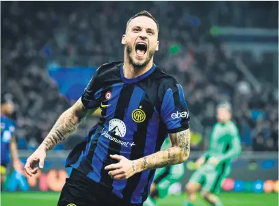  ?? Picture: Getty Images ?? SHEER DELIGHT. Marko Arnautovic of Inter Milan celebrates after scoring the only goal of the Uefa Champions League last-16 first-leg match against Atletico Madrid at San Siro Stadium.