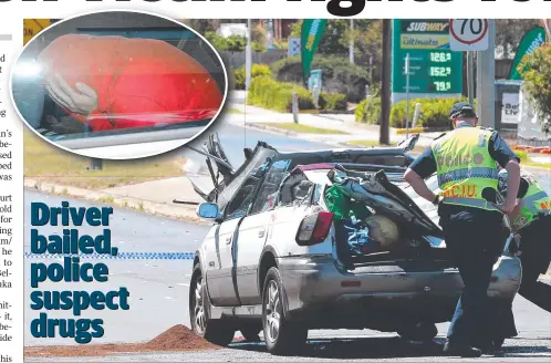  ?? Picture: MIKE DUGDALE ?? RED LIGHT: An elderly man is in hospital and a young driver (inset) faced court after this crash in Leopold on Saturday.