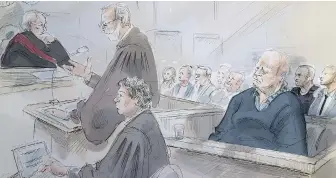  ?? SKETCH BY ALEXANDRA NEWBOULD, THE CANADIAN PRESS ?? Serial killer Bruce McArthur, foreground right, declined to address the court Tuesday when offered a chance at his sentencing hearing. From left: Justice John McMahon, Crown prosecutor Craig Harper and defence lawyer James Miglin.