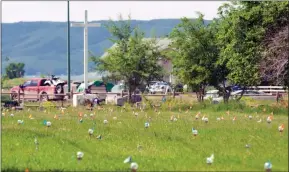  ?? ?? The Canadian Press
Flags mark where ground-penetratin­g radar recorded hits of what are believed to be 751 unmarked graves in this cemetery near the grounds of the former Marieval Indian Residentia­l School on the Cowessess First Nation, Sask.