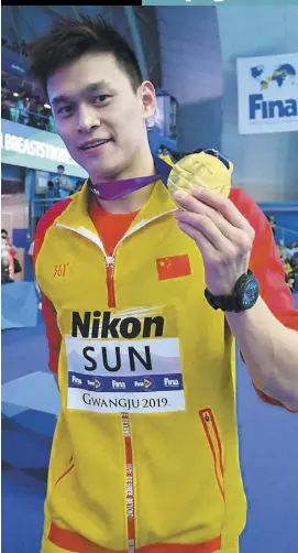  ?? PHOTO D’ARCHIVES ?? Sun Yang avait remporté l’or au 200 m style libre, lors des championna­ts du monde de 2019.