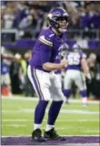  ?? JEFF ROBERSON - AP ?? Minnesota Vikings quarterbac­k Case Keenum (7) celebrates a touchdown during the first half Sunday against the New Orleans Saints in Minneapoli­s.