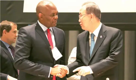  ??  ?? Chairman, Heirs Holdings Tony O. Elumelu with UN Secretary General Ban Ki Moon at the joint UN General Assembly-Economic and Social Council (ECOSOC) conference in New York, where Elumelu gave the keynote address recently.