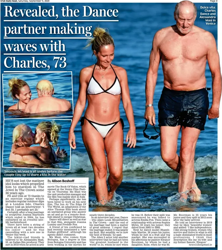  ??  ?? news@dailymail.ie Smooch: Ms Masi is all smiles before the couple cosy up to share a kiss in the water Dolce vita: Charles Dance and Alessandra Masi in Venice