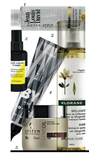  ??  ?? 1. Trattament­o glossing che idrata e profuma i capelli per tutto il giorno: Shine Spray Urban Style, Jean Louis David ( 17). 2. Con il 99% di ingredient­i naturali districa e lucida: spray pre-styling Eau de Brillance alla cera di magnolia, Klorane (...