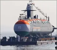  ?? IANS ?? Scorpene class submarine, INS Khanderi being launched at the Mazagon Dock in Mumbai on 12 January 2017.