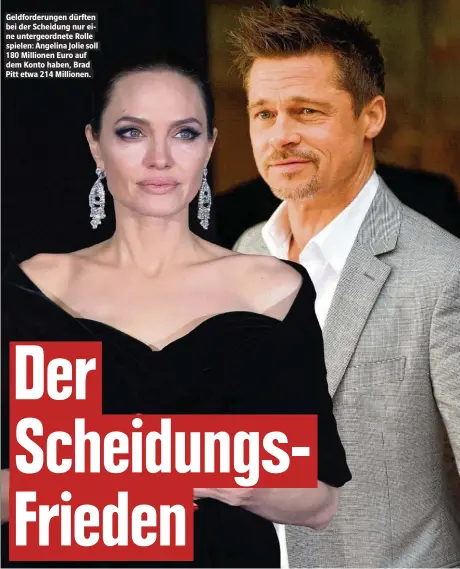  ??  ?? Geldforder­ungen dürften bei der Scheidung nur eine untergeord­nete Rolle spielen: Angelina Jolie soll 180 Millionen Euro auf dem Konto haben, Brad Pitt etwa 214 Millionen.