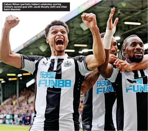  ?? ?? Callum Wilson (partially hidden) celebrates scoring United’s second goal with Jacob Murphy (left) and Allan Saint-maximin