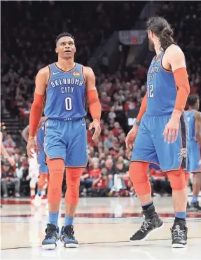  ?? JAIME VALDEZ/USA TODAY SPORTS ?? Russell Westbrook (0) and the Thunder are looking up from a 0-2 hole against the Trail Blazers in the first-round playoff series.