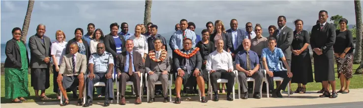  ?? Photo: ?? Head of the EU Delegation to the Pacific, Sujiro Seam (sitting fourth from left), Permanent Secretary Defence, National Security and Policing, Manasa Lesuma (sitting fifth from left) with participan­ts of the United Nations World Day Againist Traffickin­g in Persons at the Holiday Inn on July 30, 2020.