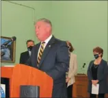  ?? MICHAEL GWIZDALA - MEDIANEWS GROUP ?? New York State Assemblyma­n John T. McDonald III speaks at Cohoes City Hall on Thursday afternoon.