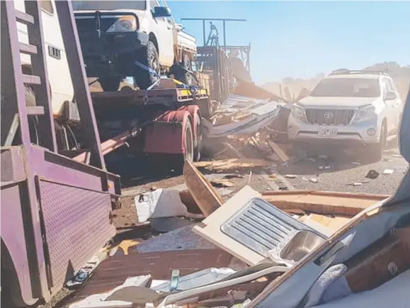  ??  ?? The scene of the crash where a road train smashed into Daniel Penn and his family’s caravan. Picture: Supplied