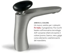  ??  ?? ARRIVA IL COLORE. Un nuovo vestito per i rubinetti
Fir Italia. Il programma The Outfit basato sull’innovativa tecnologia ASP consente infatti di inserire il colore (cromo, bianco, nero, grigio) come elemento caratteriz­zante del manufatto.