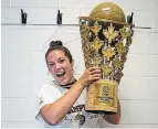  ?? COURTESY OF JULIA BELLINI ?? Brock University athletic therapist Kelsey Marshall celebrates her supporting role in the Edmonton Stingers championsh­ip at the Canadian Elite Basketball League's 2020 Summer Series at Meridian Centre in St. Catharines.