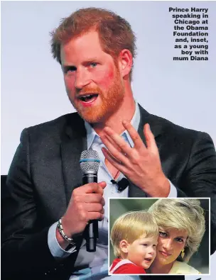  ?? Picture: JIM YOUNG/AFP ?? Prince Harry speaking in Chicago at the Obama Foundation and, inset, as a young boy with mum Diana