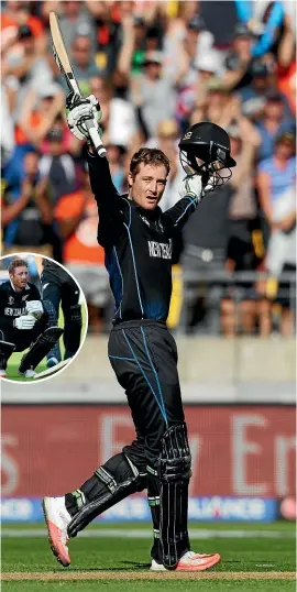  ?? GETTY IMAGES ?? Martin Guptill celebrates his double century against the West Indies in 2015; inset, he rues the agonising defeat in the 2019 World Cup final.