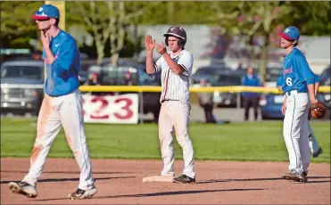  ?? DANA JENSEN/THE DAY ?? East Lyme’s Matt Malcom celebrates his double late in the game Wednesday at East Lyme High School. Malcom reached base four times in the Vikings’ 6-5 victory with a single, hit-by-pitch and a pair of doubles.