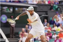  ?? ALBERTO PEZZALI/ASSOCIATED PRESS ?? Nick Kyrgios of Australia prepares to send a forehand back to American Brandon Nakashima during Monday’s Round of 16 men’s singles match at Wimbledon.