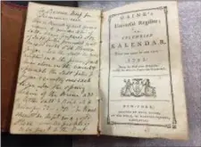  ?? MARY ESCH — THE ASSOCIATED PRESS ?? In this photo, an old almanac that contained a lock of George Washington’s hair lay open on a table at Union College in Schenectad­y, N.Y. The hair was found by a Union College librarian who was cataloging books in the college’s archival collection.