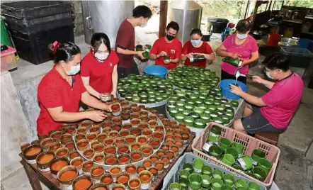  ?? — LIM BENG TATT/The Star ?? Family affair: Tan (second from left), Lee (left) and their family members preparing nian gao at their home in Balik Pulau, Penang.