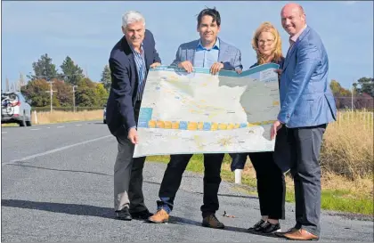  ?? Photo / George Novak ?? In April 2017, then Transport Minister Simon Bridges announcing the National Government's plan that SH29 will be four-laned from the Kaimais to Cambridge along with the Cambridge extension to Piarere. He is flanked by Hamilton West MP Tim Macindoe (left), Taupo¯ MP Louise Upston and Hamilton East MP David Bennett.