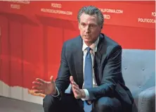  ?? RICH PEDRONCELL­I/AP ?? California Gov. Gavin Newsom speaks Tuesday during an interview with Politico in Sacramento, Calif.
Newsom says he’s still up for debating Florida Gov. Ron DeSantis, but some details remain unresolved.