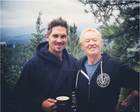  ??  ?? Sheldon Souray enjoys a morning coffee with his father, Richard, at the former Habs defenceman’s home in Idaho on Father’s Day 2015, one year before Richard passed away. Souray began taking painkiller­s following a wrist surgery in 2013 and, when his...