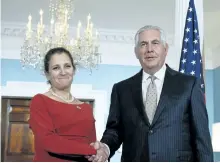  ?? THE ASSOCIATED PRESS FILES ?? U.S. Secretary of State Rex Tillerson meets with Foreign Affairs Minister Chrystia Freeland at State at the State Department in Washington on Oct. 11. The North Korea nuclear crisis will be one of several topics of conversati­on when Tillerson makes his...