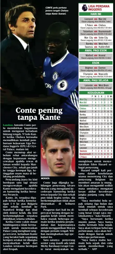  ??  ?? CONTE perlu perkasa jentera tengah Chelsea tanpa Kante (kanan).
MORATA