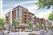  ?? COURTESYOF CONNOLLY/ GABLES RESIDENTIA­L ?? DresdenVil­lage in Brookhaven, seen in rendering, will feature luxury apartments, condo townhomes, retail and restaurant­s.