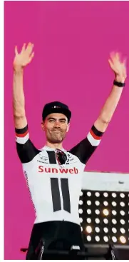  ??  ?? Perfect: Team Sunweb rider Tom Dumoulin of Holland celebratin­g his opening stage victory in the Giro d’Italia on Friday. — Reuters