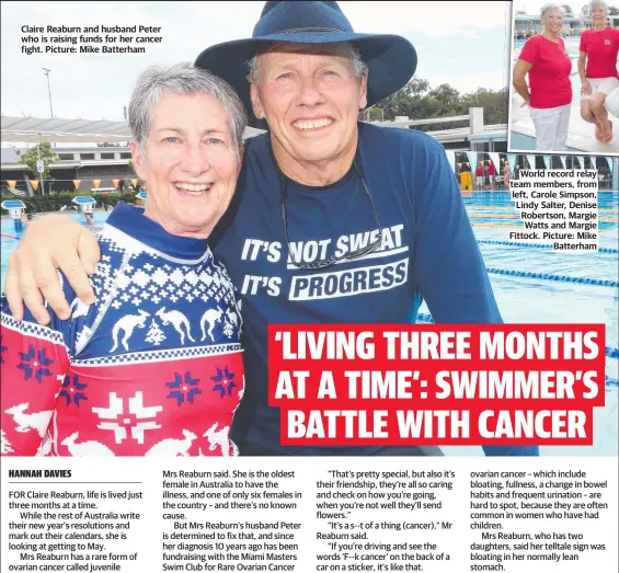  ?? ?? Claire Reaburn and husband Peter who is raising funds for her cancer fight. Picture: Mike Batterham
World record relay team members, from left, Carole Simpson, Lindy Salter, Denise Robertson, Margie Watts and Margie Fittock. Picture: Mike Batterham