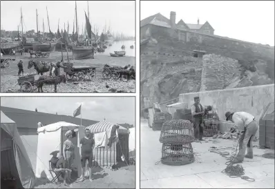  ??  ?? CALM BEFORE CONFLICT: Clockwise from top, the ill-fated trawlers Industria and Seal moored at Scarboroug­h Harbour; fishermen at work on their pots and tackle; a couple model their fashionabl­e one-piece swimsuits; Newlyn in Cornwall then a hive of activity.