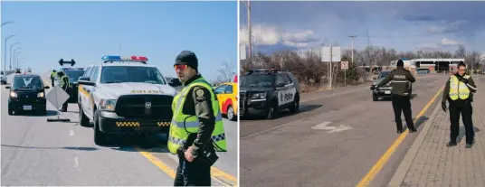  ?? —photos André Farhat ?? Les points de contrôle empêchent les gens de l’extérieur d’Argenteuil d’entrer dans la région, et non l’inverse. Ici, des agents de la Sûreté du Québec sur le pont du Long-Sault, qui relie le village de Grenville à Hawkesbury, ainsi qu’à l’entrée de Lachute, sortie 260.