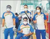  ?? PTI ?? India’s Tokyo Paralympic­s bound shooting contingent at the IGI Airport on Monday. The opening ceremony is on Tuesday.