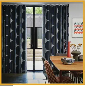  ?? ?? Large-scale patterns will increase the sense of space in a room, with the tonal greys and navy blue of the Wave curtains in Stella Navy casting a soothing feel