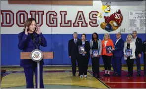  ?? (AP/Miami Herald/Al Diaz) ?? Vice President Kamala Harris speaks to the media Saturday after she and the White House Office of Gun Violence Prevention met with families whose loved ones were murdered during the 2018 mass shooting at Marjory Stoneman Douglas High School in Parkland, Fla.