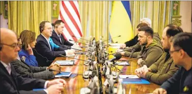  ?? Ukrainian Presidenti­al Press Office ?? REP. ADAM SCHIFF,
House Speaker Nancy Pelosi and others in the U.S. congressio­nal delegation meet with President Volodymyr Zelensky and aides in Ukraine.