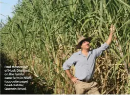  ??  ?? Paul Messenger of Husk Distillers, on the family cane farm in NSW; (opposite page) head distiller Quentin Brival.