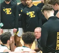  ?? CALL KEITH GROLLER/THE MORNING ?? Emmaus coach Steve Yoder talks with his team during a timeout Friday night in an EPC quarterfin­al against Whitehall. Yoder’s team held off a late Zephyrs rally to post a 58-55 win.