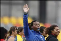  ?? REBECCA BLACKWELL — THE ASSOCIATED PRESS FILE ?? Gwendolyn “Gwen” Berry of the United States waves as she is introduced at the start of the women’s hammer throw final, during athletics competitio­n at the Pan American Games in Lima, Peru, on Aug. 10, 2019.