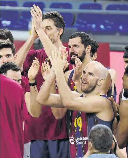  ?? FOTO: PEP MORATA ?? Nich Calathes, Nikola Mirotic y Pau Gasol, celebrando la clasificac­ión del Barça para la Final Four de la Euroliga
