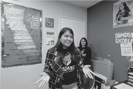  ?? Damian Dovarganes, The Associated Press ?? Soila Rodriguez, call center and data manager with the Coalition for Humane Immigrant Rights, talks about the census citizenshi­p question at the group’s offices in Los Angeles.