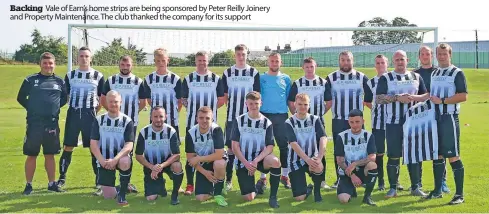  ??  ?? Backing Vale of Earn’s home strips are being sponsored by Peter Reilly Joinery and Property Maintenanc­e. The club thanked the company for its support