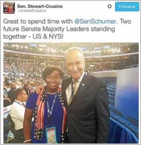  ?? KYLE HUGHES — NYSNYS ?? A tweet by Senator Andrea Stewart-Cousins (D-Yonkers) with Sen. Chuck Schumer from the floor of the Democratic National Convention in Philadelph­ia last week.