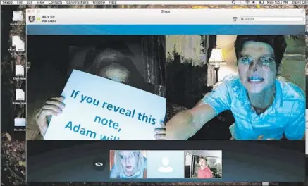  ?? Universal Pictures ?? IN “UNFRIENDED,” Jess (Renee Olstead) and Mitch (Moses Jacob Storm) watch as pal Adam (Will Peltz, top) is terrorized online.